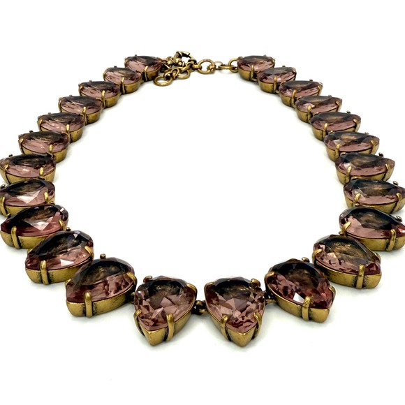 Vintage J Crew Statement Necklace Teardrop Crystal Jewel Collar Pink Gold Tone - Picture 1 of 9